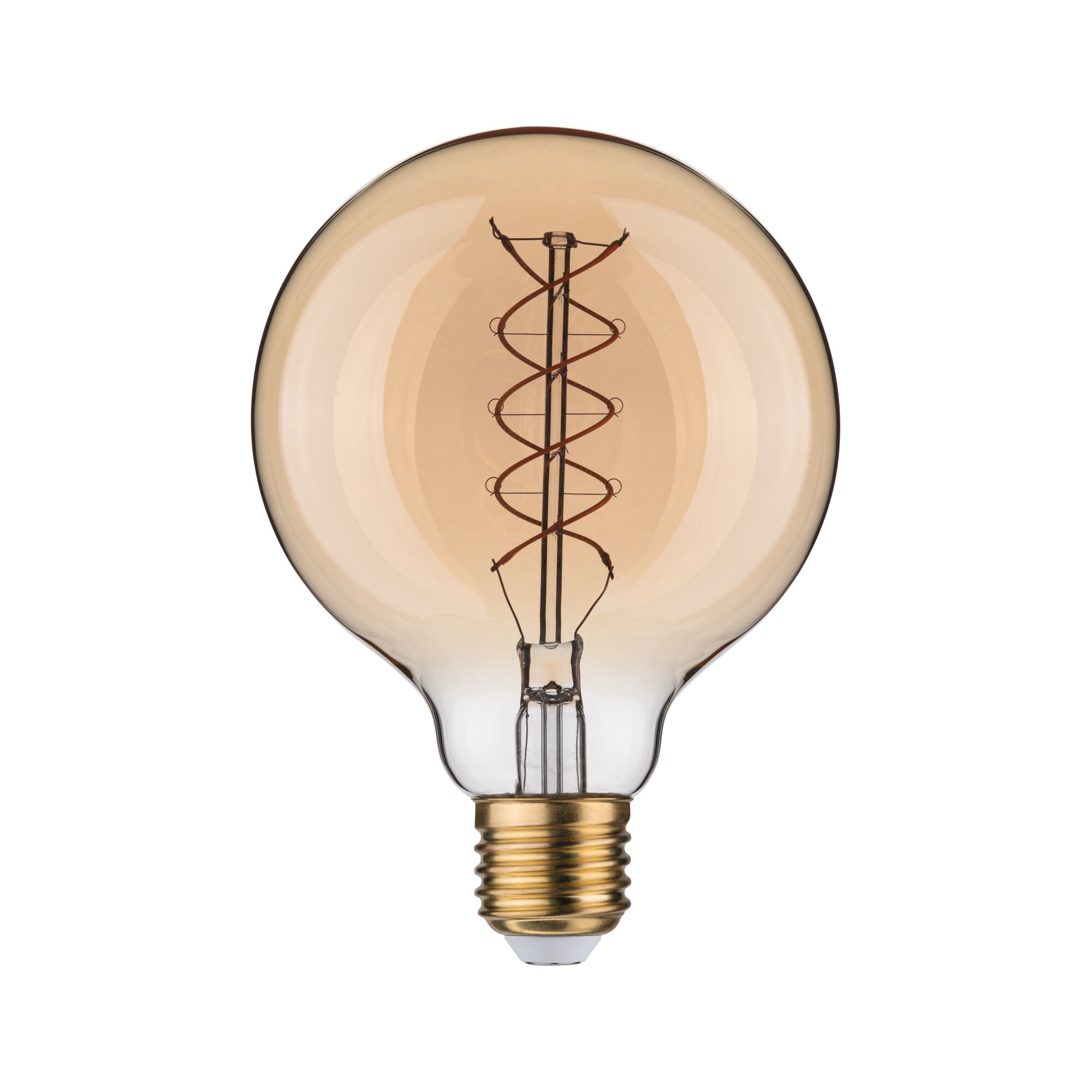 Round LED bulb with spiral filament in amber glass and E27 base for decorative lighting