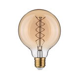 Round LED bulb with spiral filament in amber glass and E27 base for decorative lighting