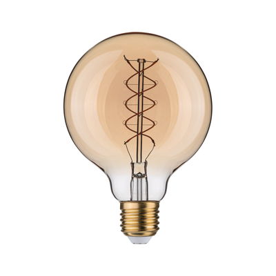 Round LED bulb with spiral filament in amber glass and E27 base for decorative lighting