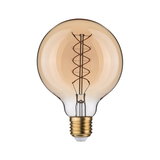 Round LED bulb with spiral filament in amber glass and E27 base for decorative lighting