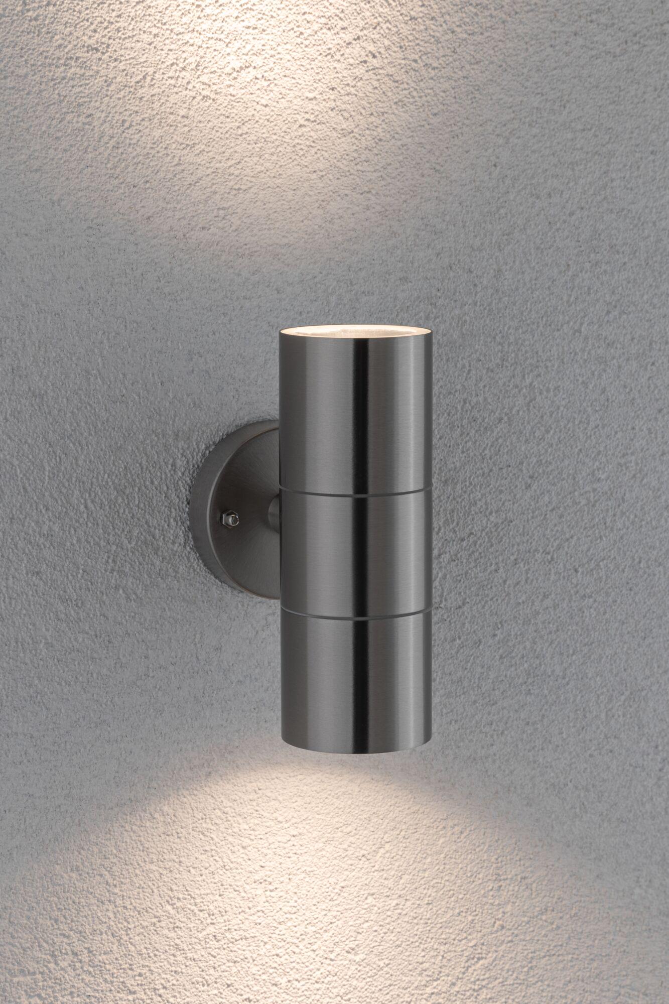 Moderner Edelstahl-Wandleuchter mit zylindrischem Design und Up-Down-Licht für Außenbereiche.