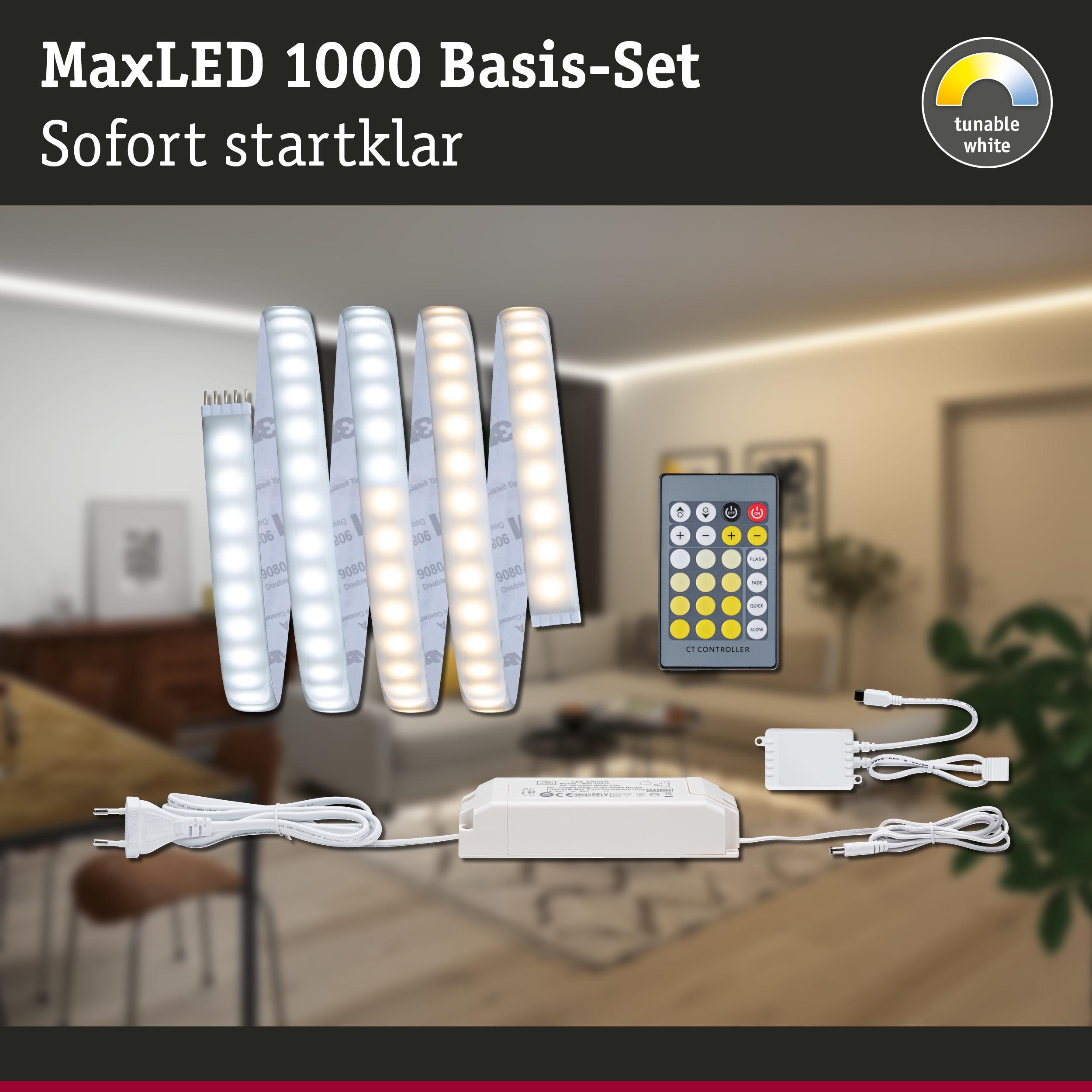 MaxLED 1000 Basis-Set mit dimmbaren weißen LED-Lichtstreifen und Fernbedienung für Wohnraumbeleuchtung