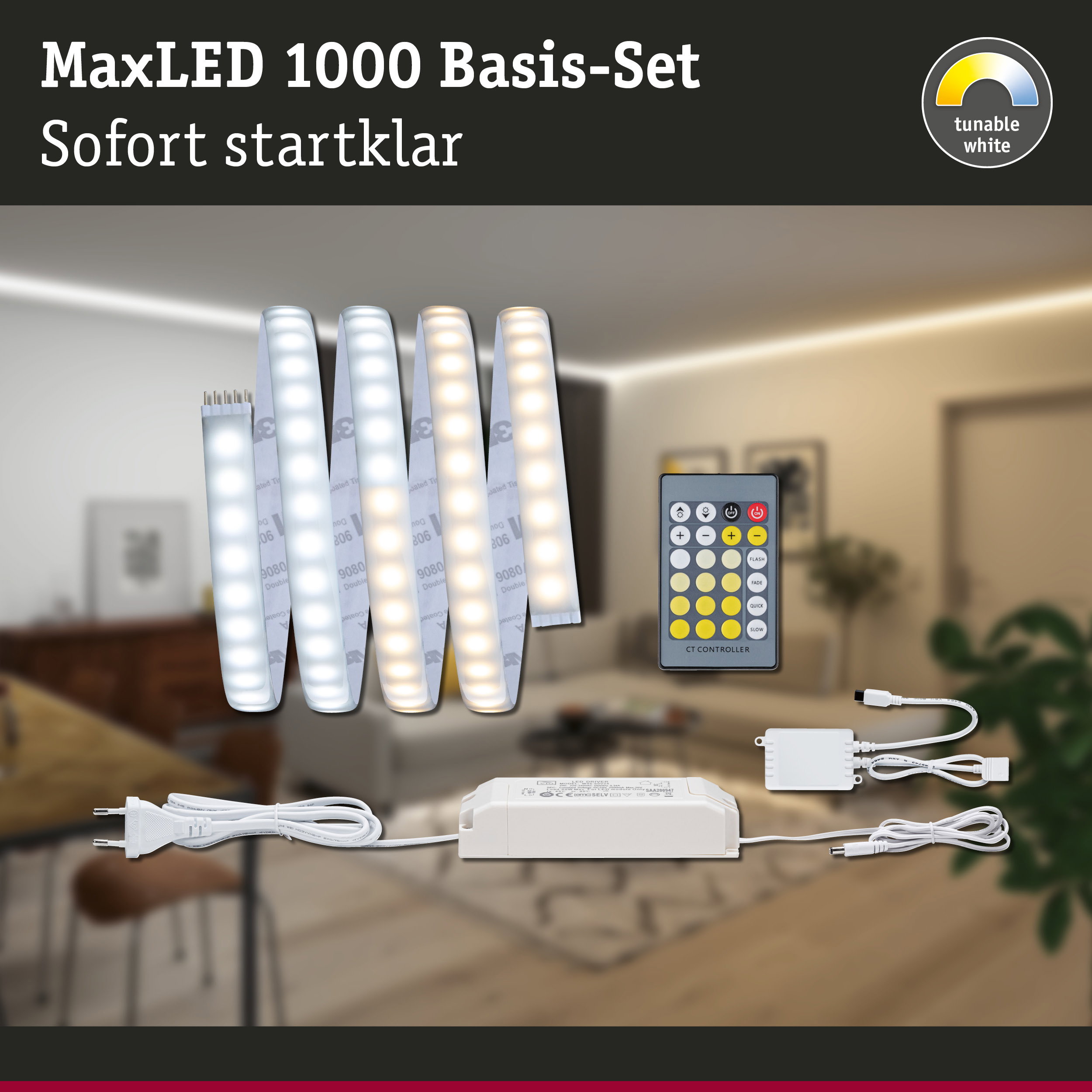 MaxLED 1000 LED-Basis-Set mit dimmbaren weißen Lichtstreifen und Fernbedienung für Wohnraumbeleuchtung