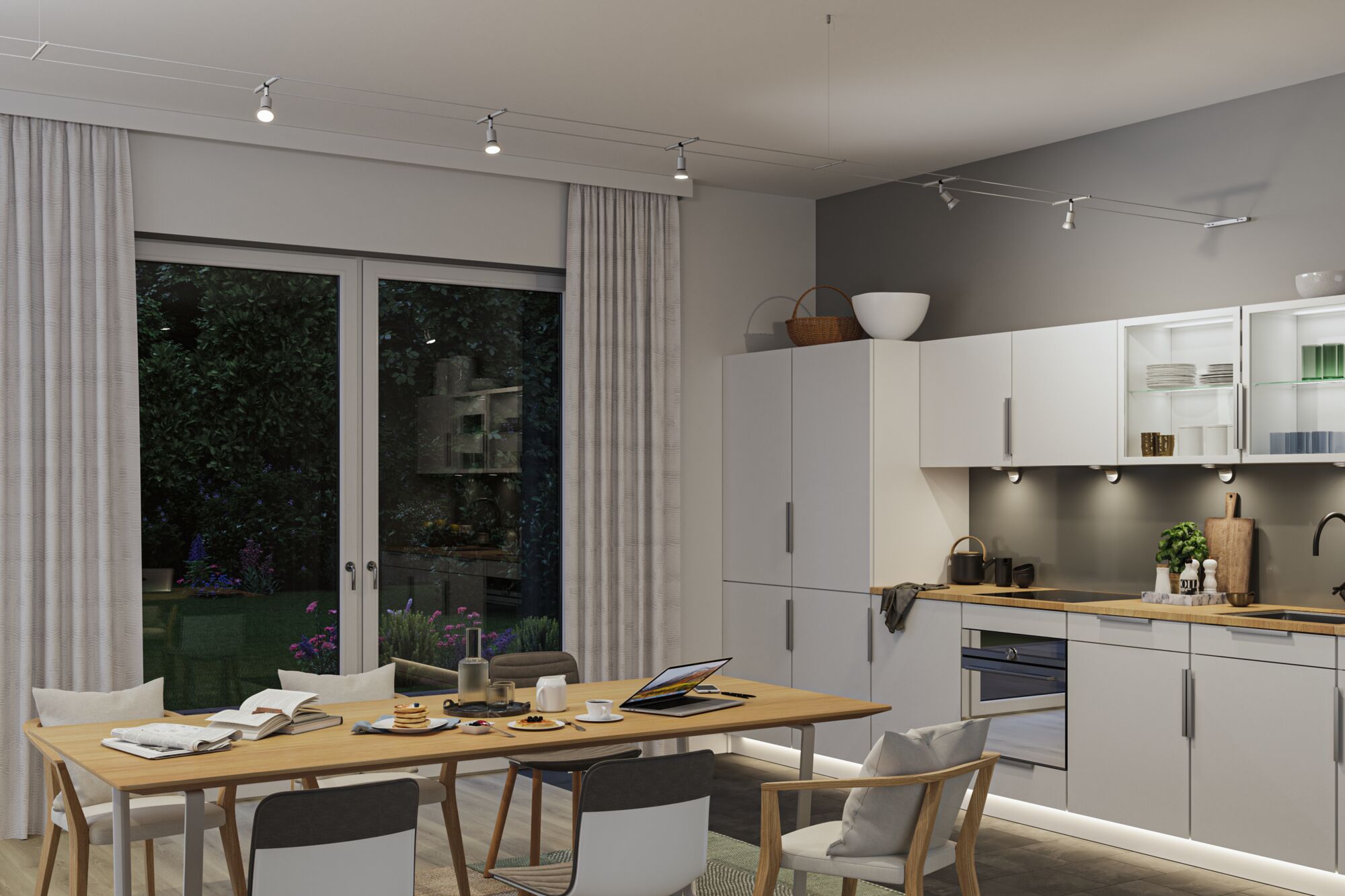 Moderne Küche mit weißen Schränken, Holzarbeitsplatte und LED-Seilzugbeleuchtung an der Decke