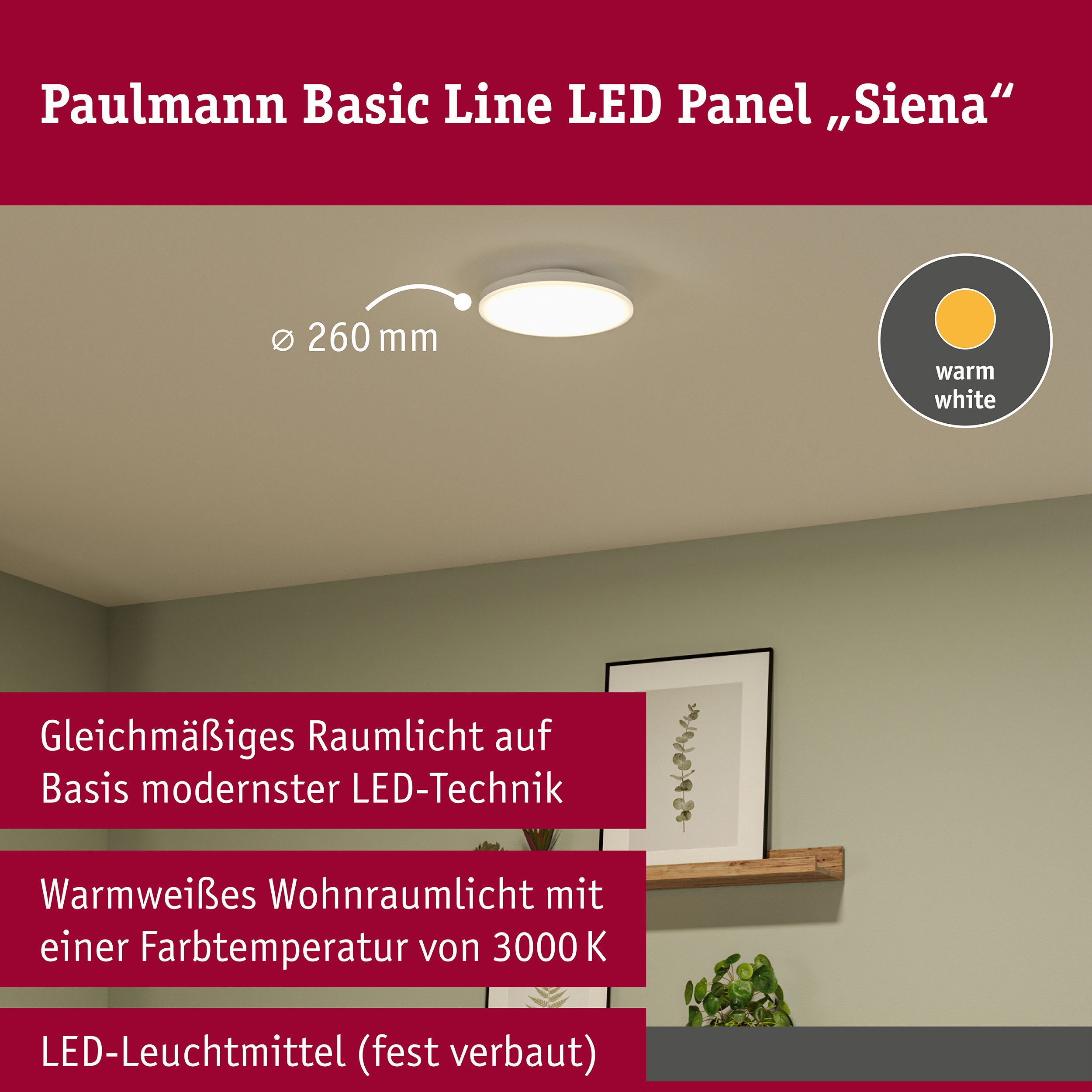 LED Deckenleuchte Siena 3000K 260mm 1500lm 230V 18,8W