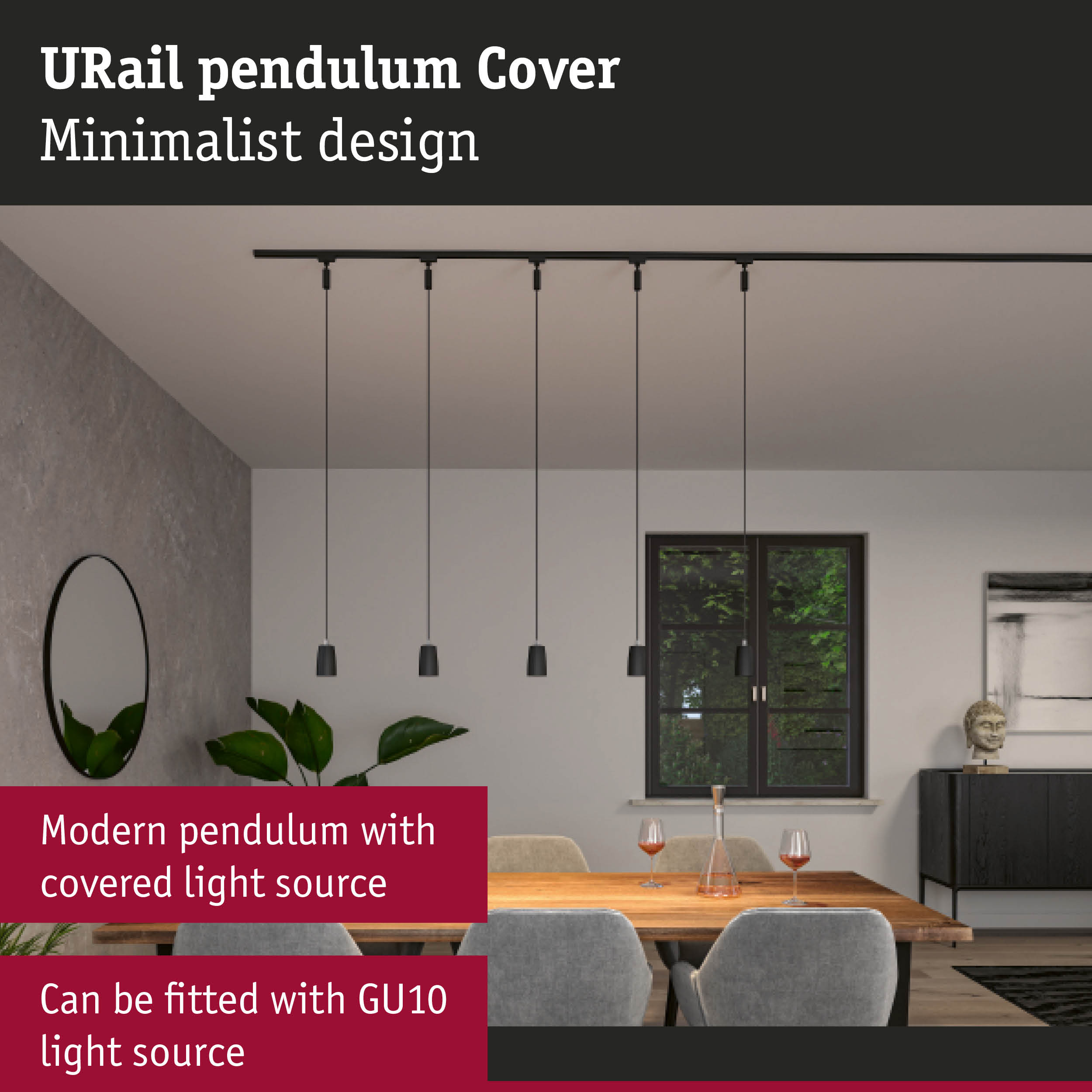 Minimalist black URail pendulum cover with modern lighting in dining room interior design