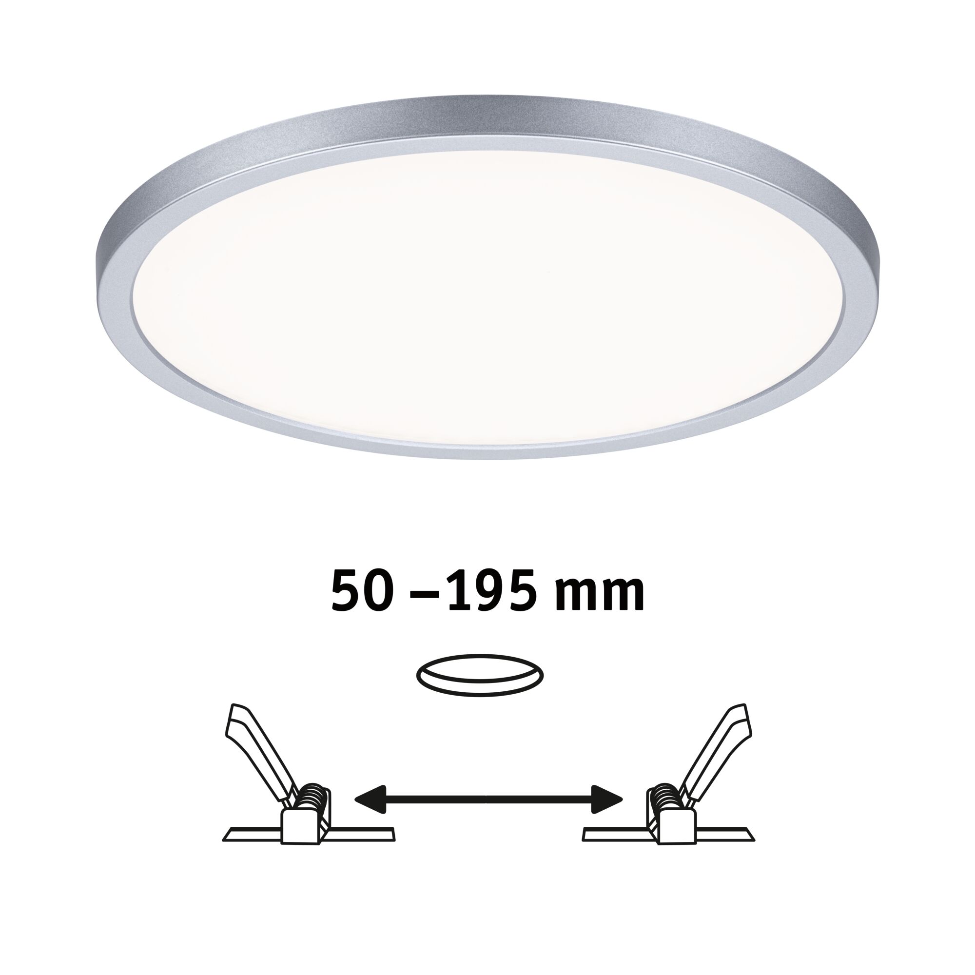 Round LED ceiling light with silver aluminum frame and adjustable installation size 50-195 mm