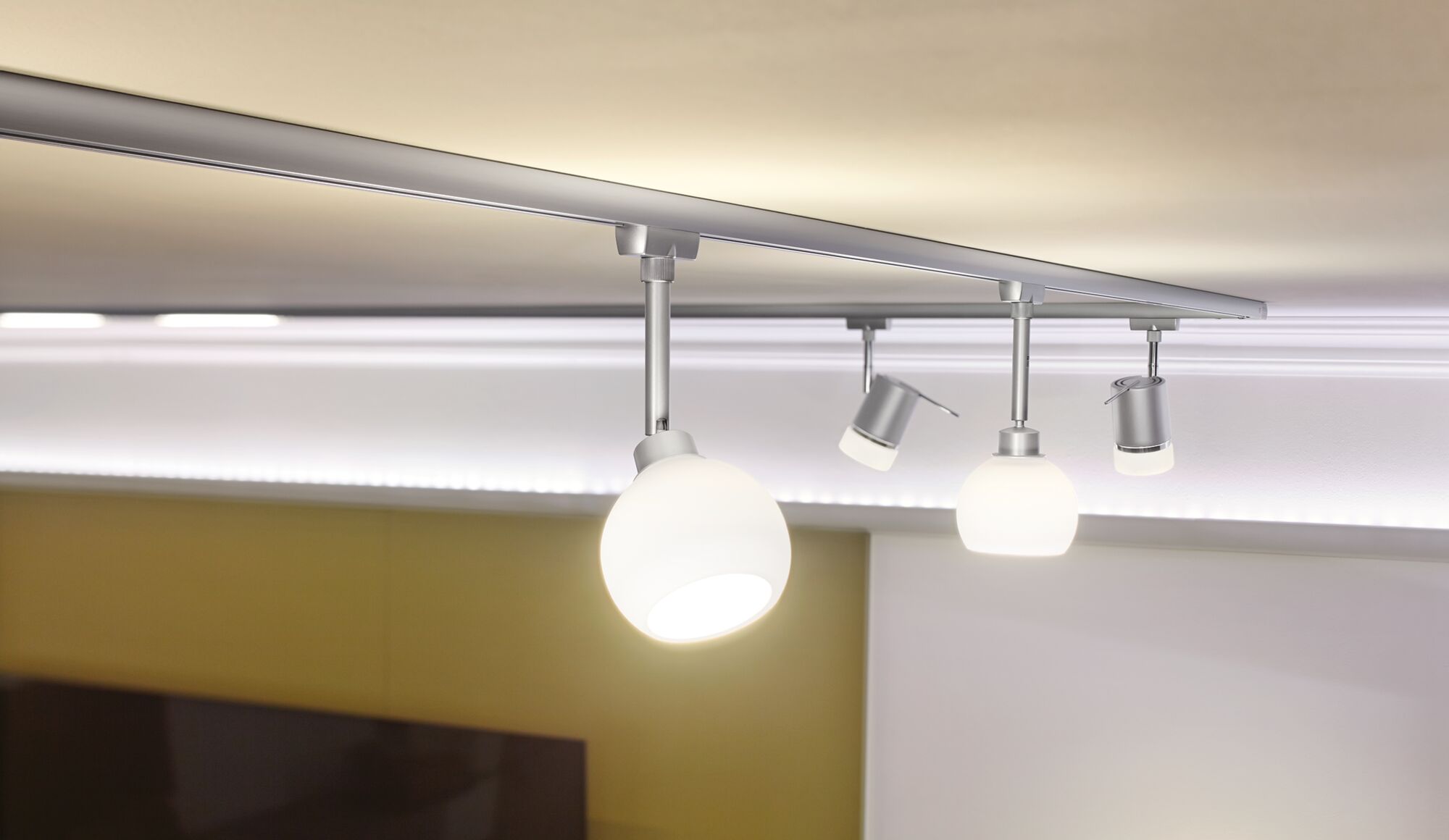 Modern ceiling light with silver metal frame and white glass lamps for living room lighting