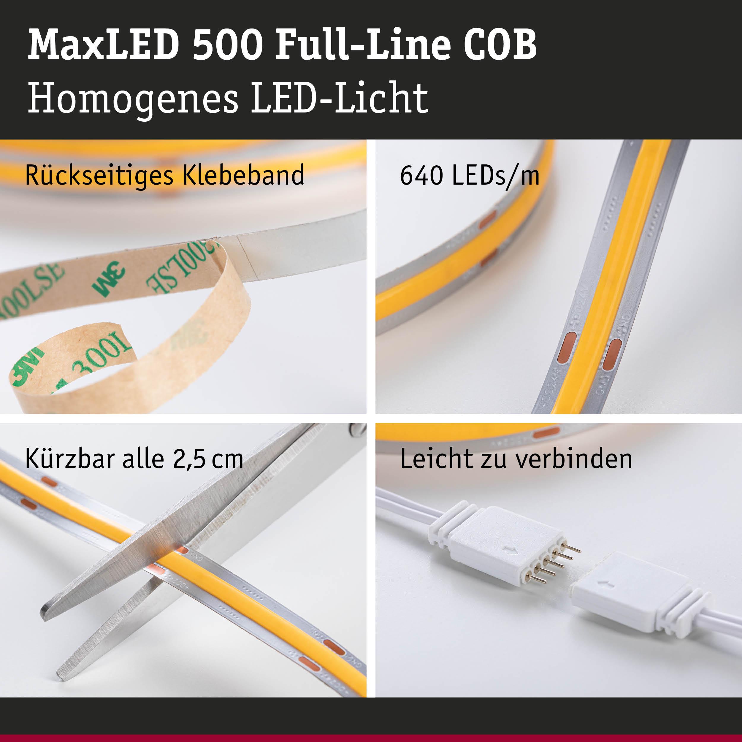 MaxLED 500 COB LED-Streifen mit rückseitigem Klebeband, 640 LEDs/m, schneidbar und einfach verbindbar