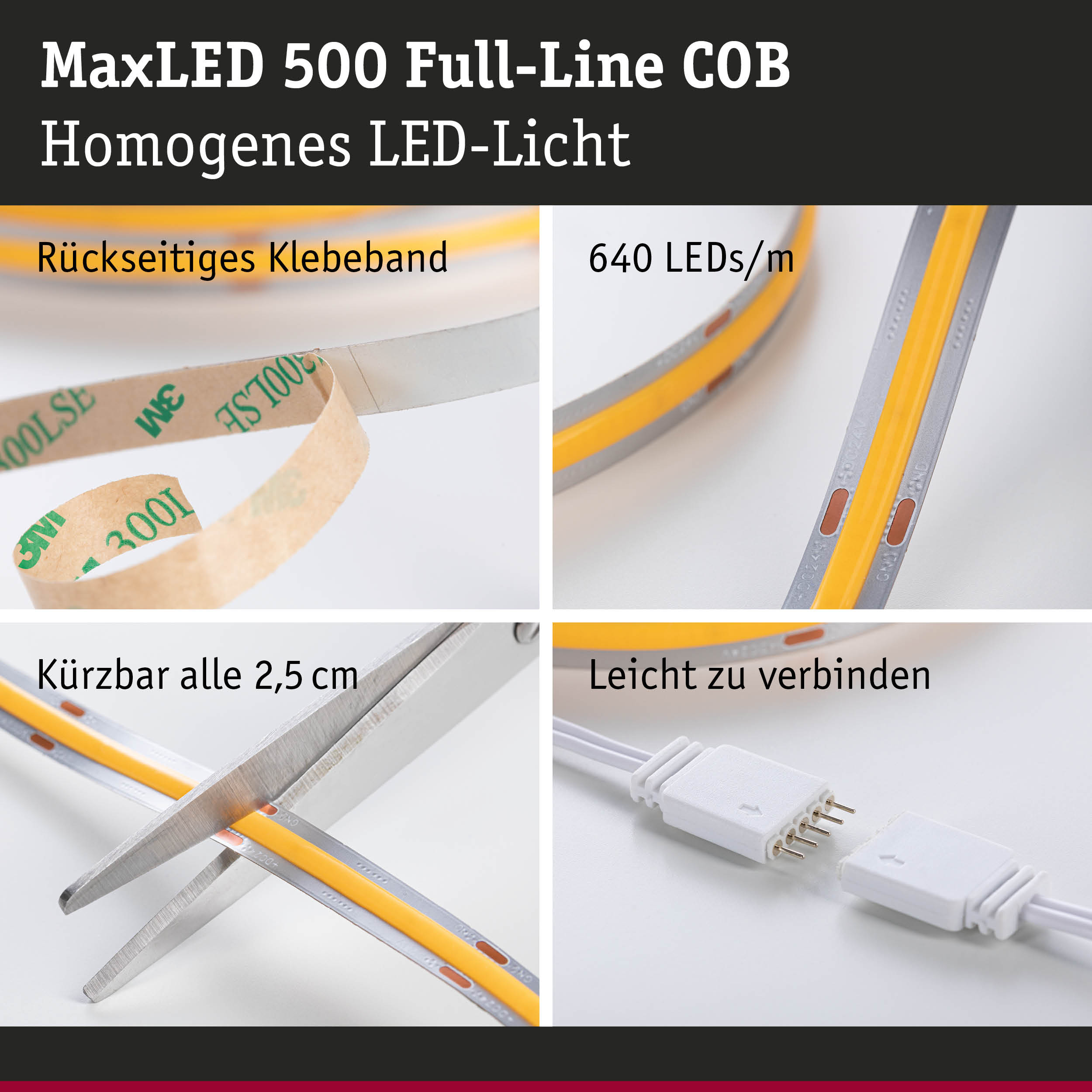 MaxLED 500 COB LED-Streifen mit rückseitigem Klebeband, 640 LEDs/m, kürzbar und leicht verbindbar