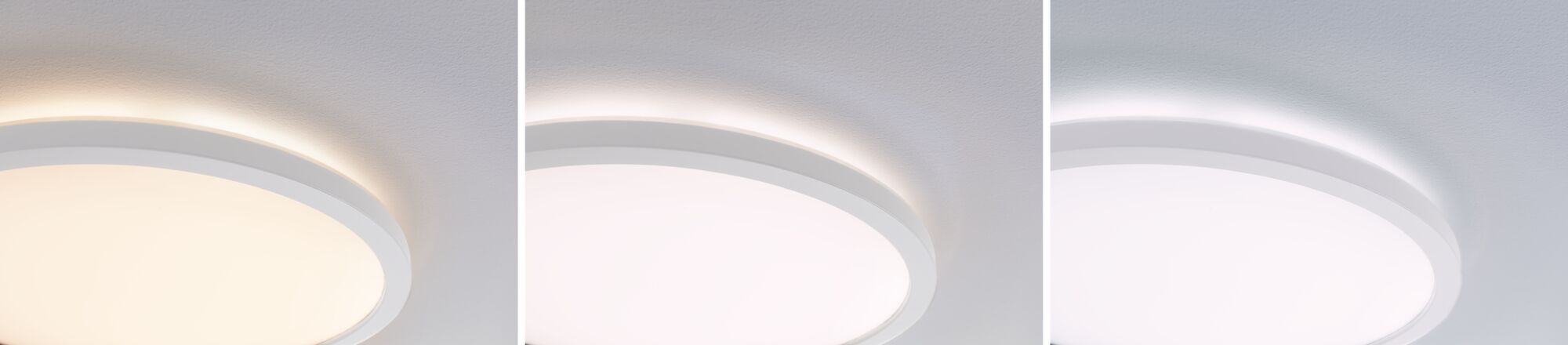 Trois plafonniers LED ronds blancs avec luminosité réglable et lumière blanc chaud à froid.