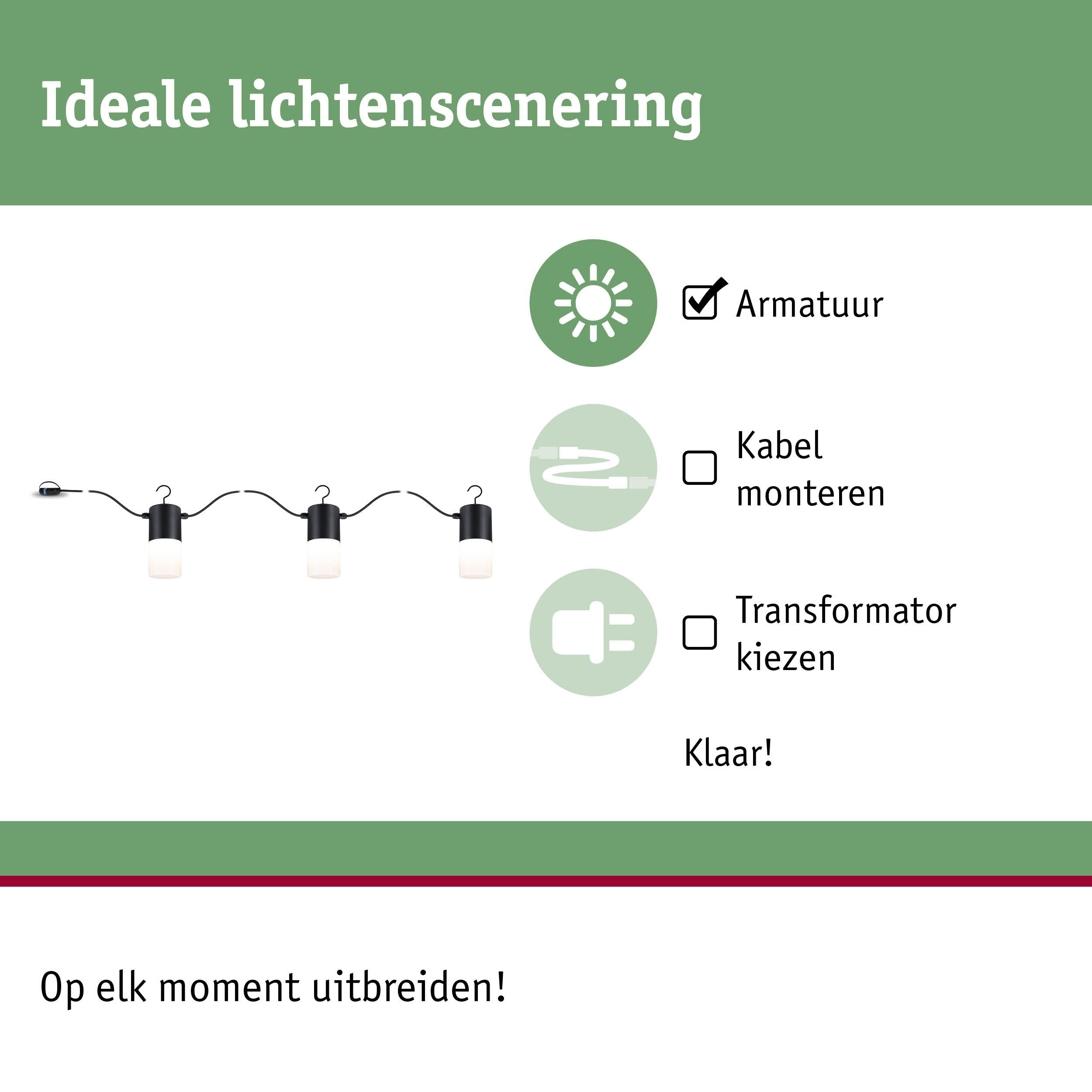 Zwarte LED-lichtsnoer met drie lampen voor flexibele binnenverlichting en eenvoudige montage