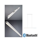Modern white aluminum LED pendant light with Bluetooth control for smart lighting solutions.