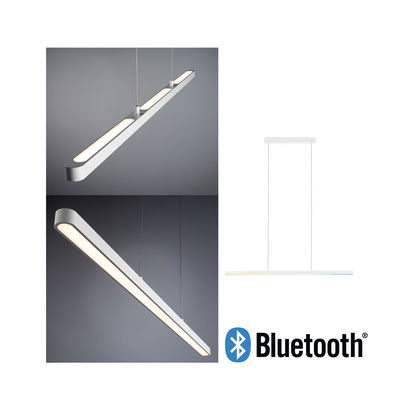 Modern white aluminum LED pendant light with Bluetooth control for smart lighting solutions.
