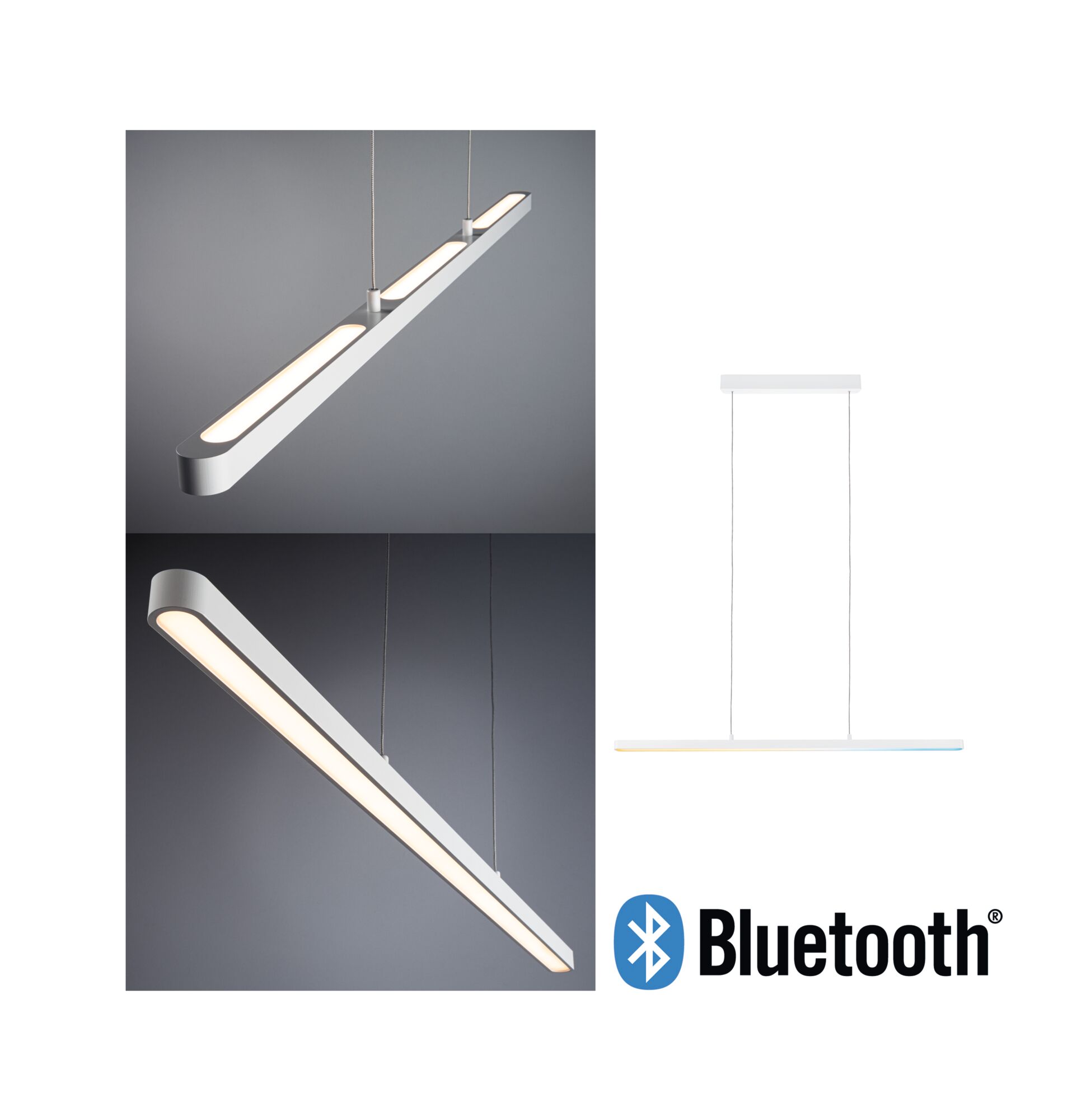 Moderne witte aluminium LED-hanglamp met Bluetooth-bediening voor slimme verlichting.
