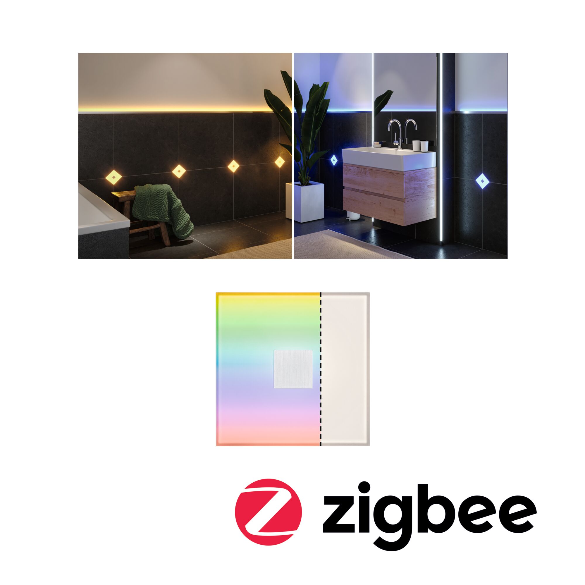 Modern bathroom featuring dimmable LED wall lights in warm and cool white for ambient lighting effects