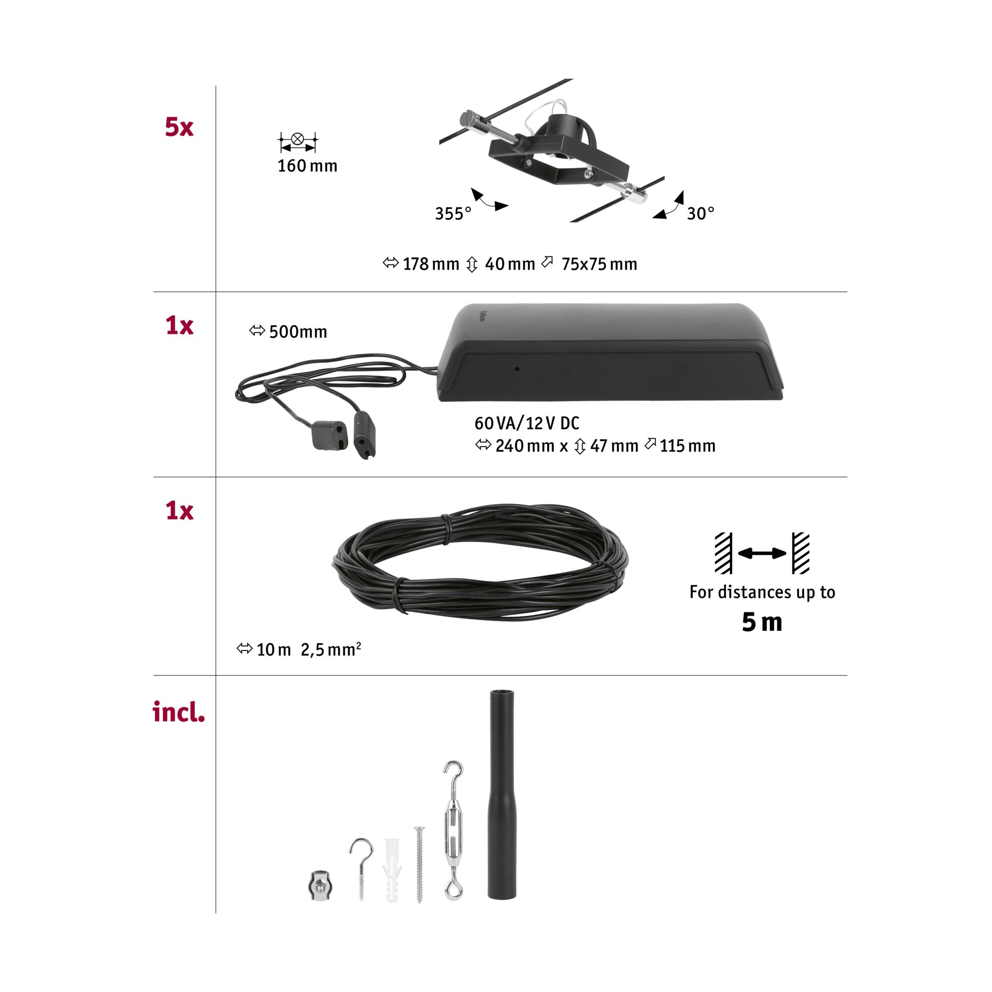 Technical drawing showing 5 black LED spotlights, 12V transformer, 10m cable, and mounting accessories for lighting.