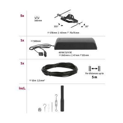 Technical drawing showing 5 black LED spotlights, 12V transformer, 10m cable, and mounting accessories for lighting.