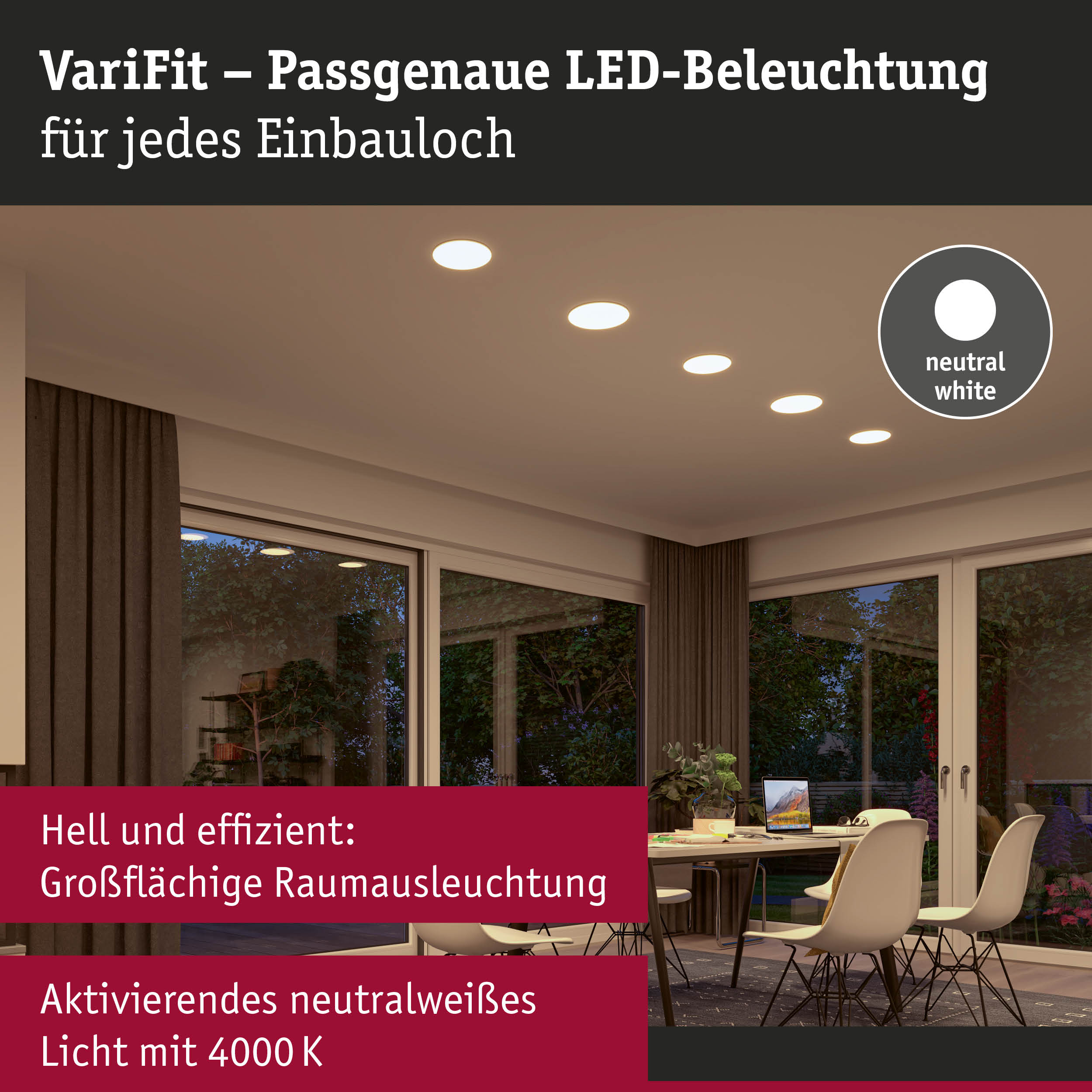 VariFit LED-Einbauleuchten in neutralweiß für effiziente Raumbeleuchtung mit 4000K Licht.