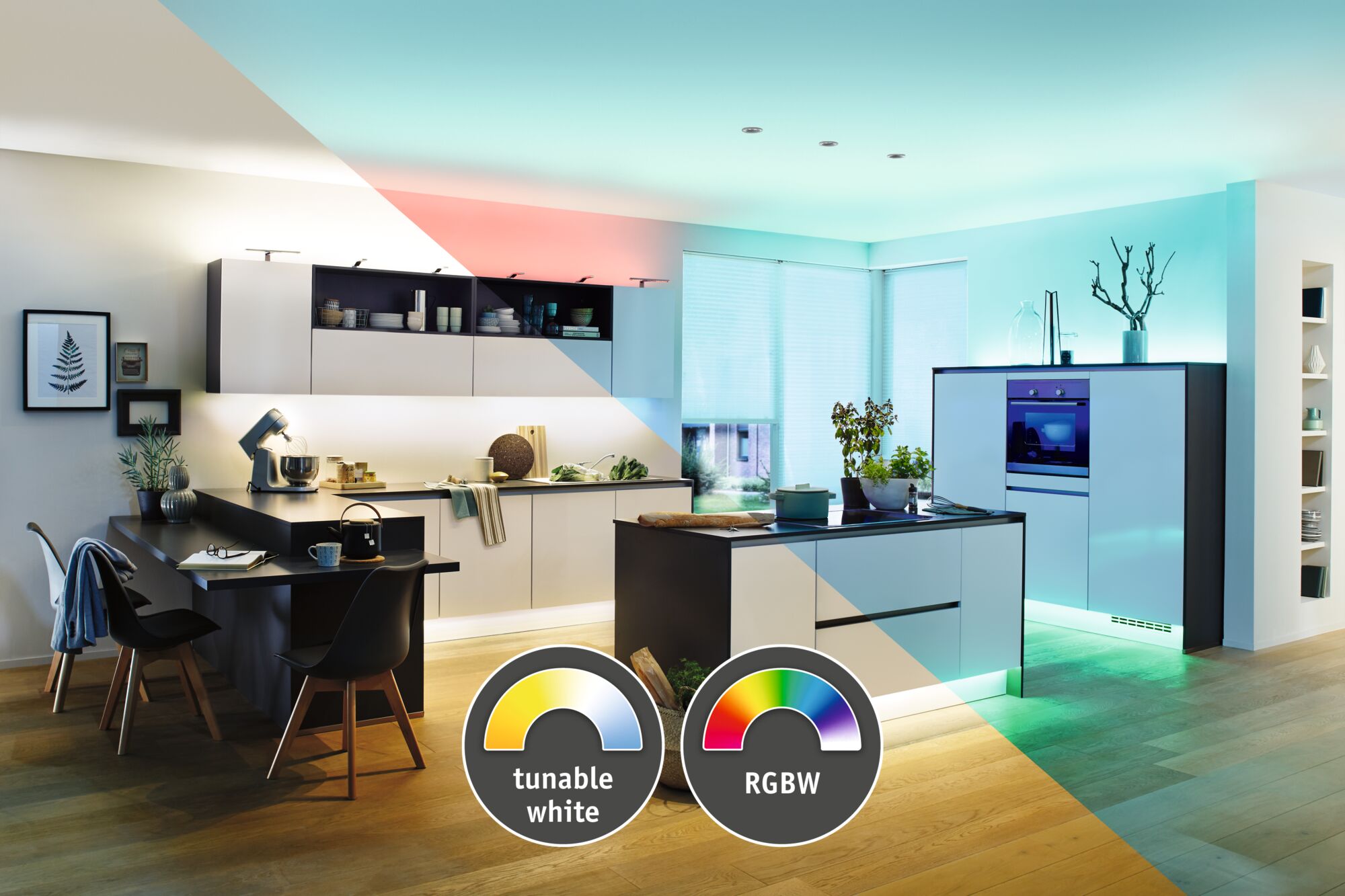 Cuisine moderne avec éclairage LED blanc réglable et RGBW pour un contrôle flexible de l'ambiance lumineuse
