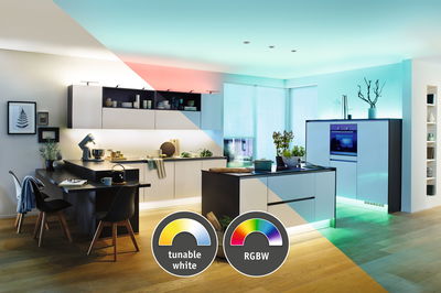 Cuisine moderne avec éclairage LED blanc réglable et RGBW pour un contrôle flexible de l'ambiance lumineuse