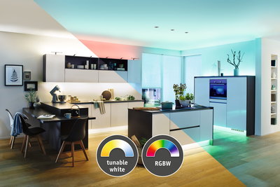 Moderne køkken med justerbar hvid og RGBW LED-belysning til alsidig stemningsbelysning i opholdsrummet