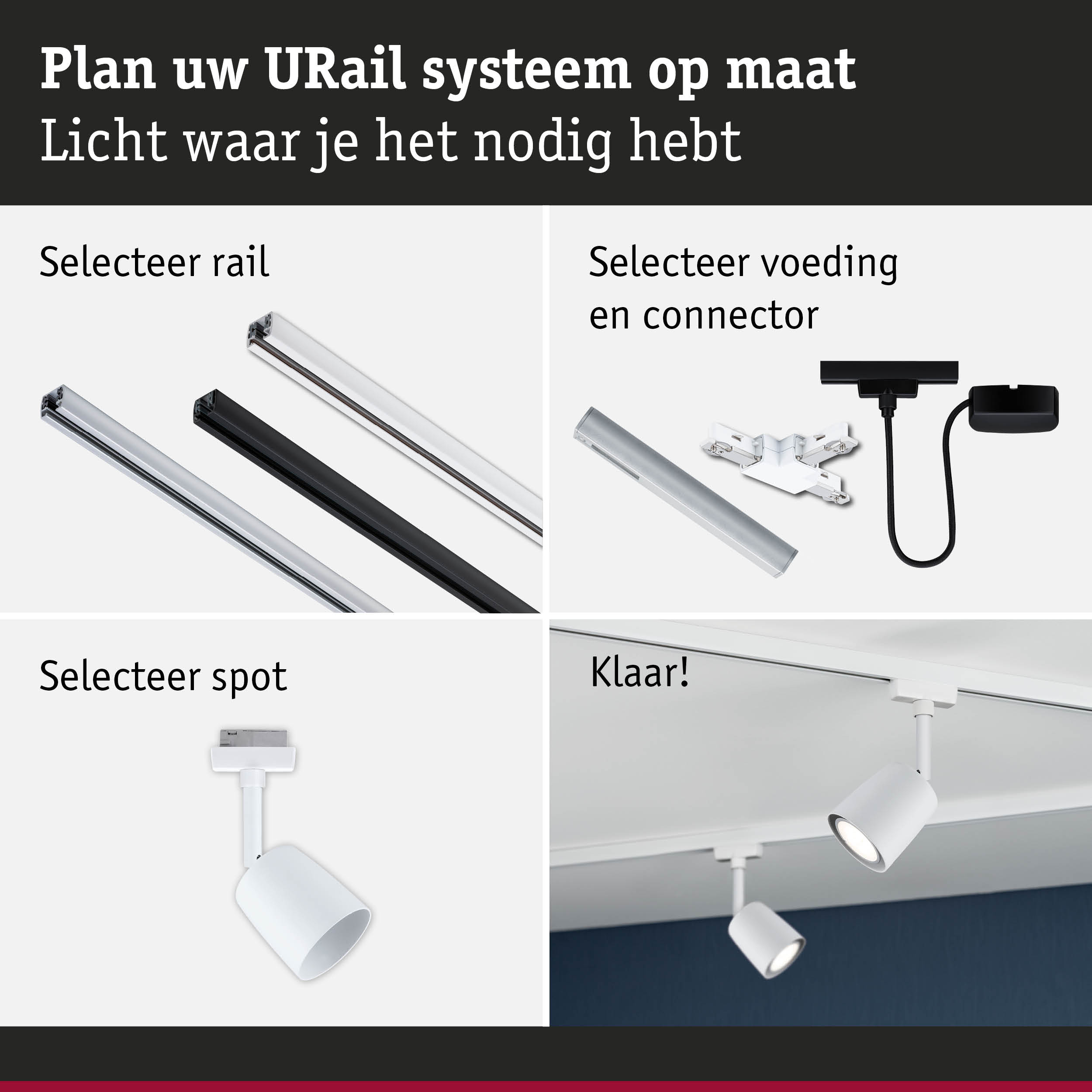 Modulair URail railsysteem met witte en zwarte rails, connectoren en witte LED spots voor verlichting