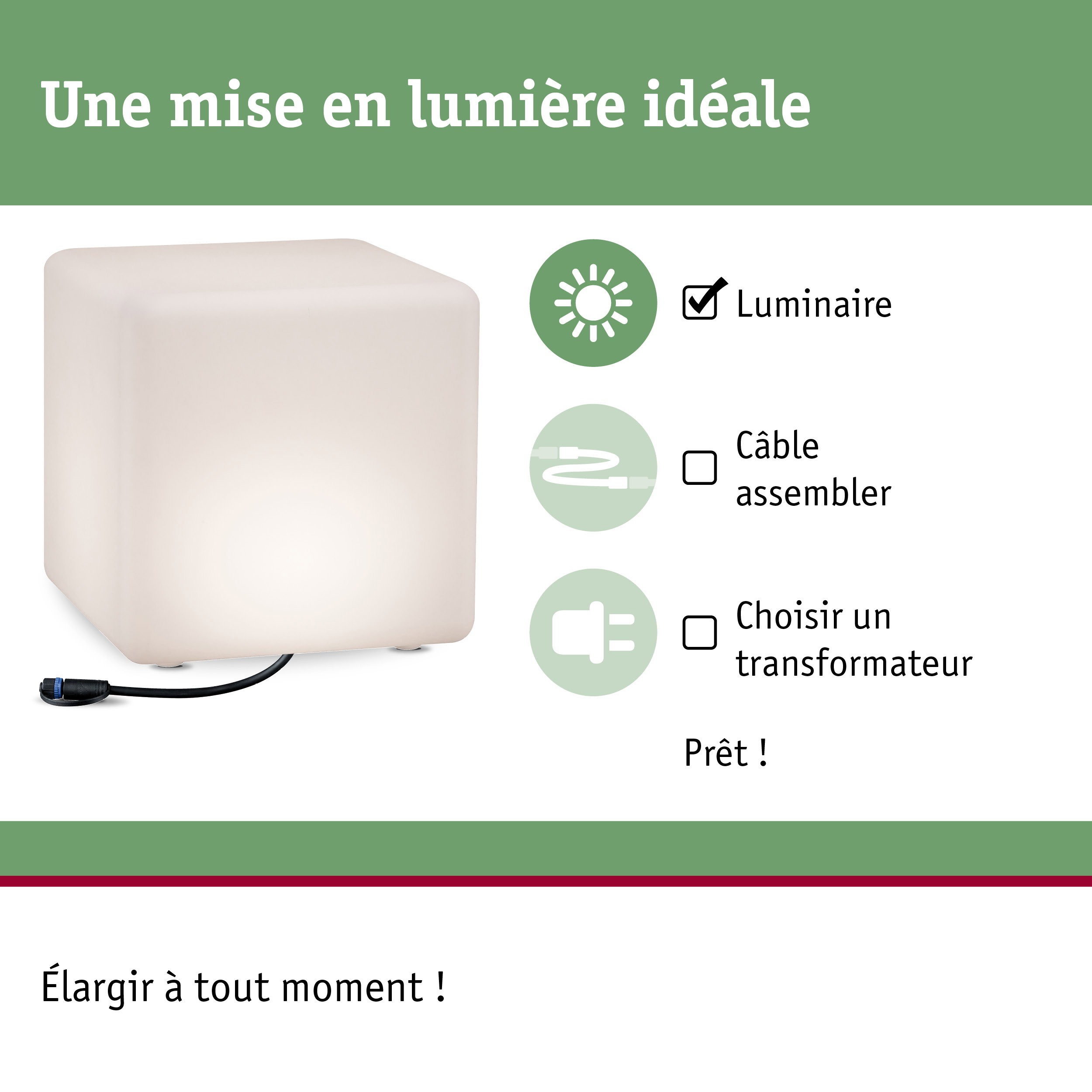 Cube blanc en plastique avec câble pour éclairage LED, accessoire de lampe moderne