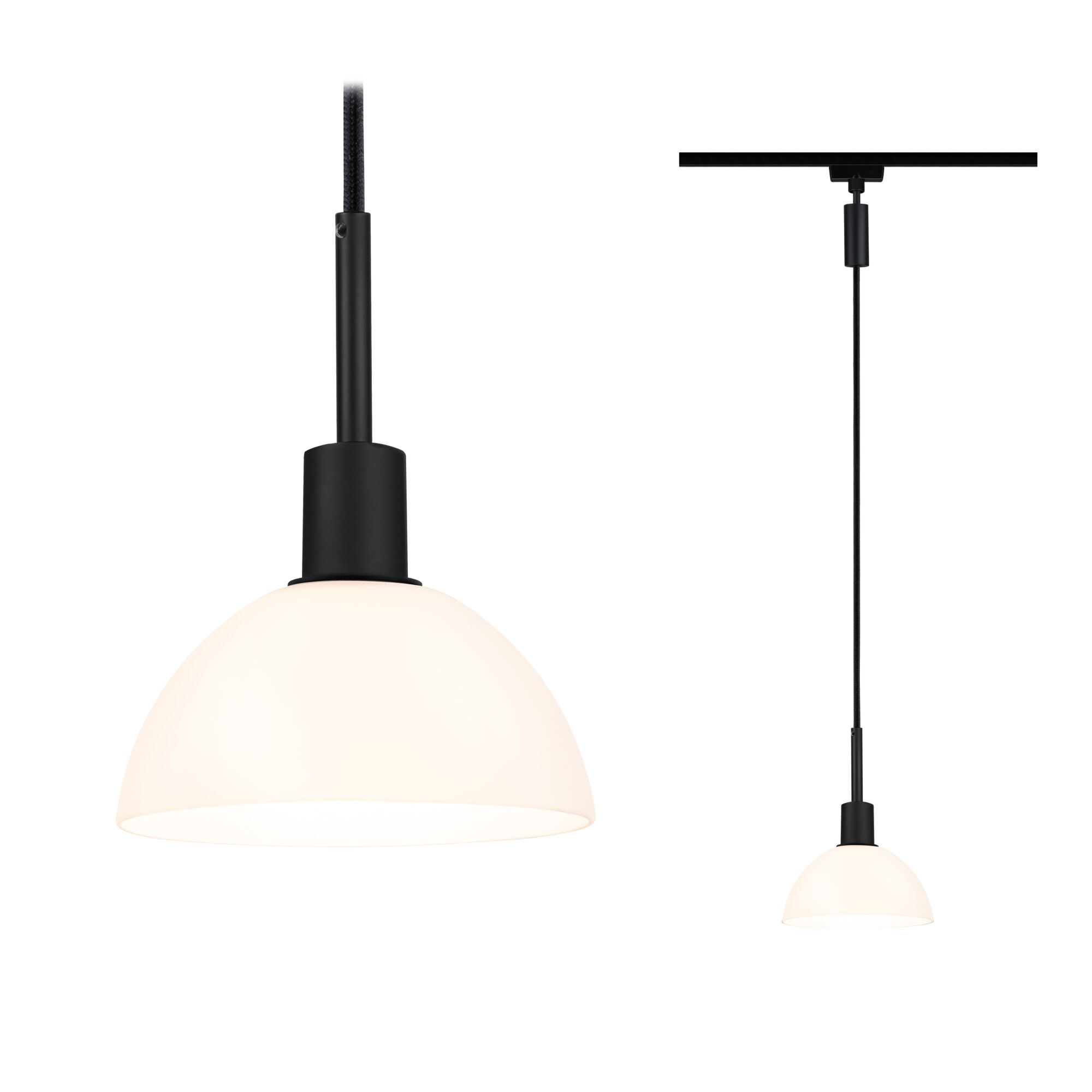 Moderne Pendelleuchte mit schwarzem Metall und weißem Glas, ideal für stilvolle Innenbeleuchtung