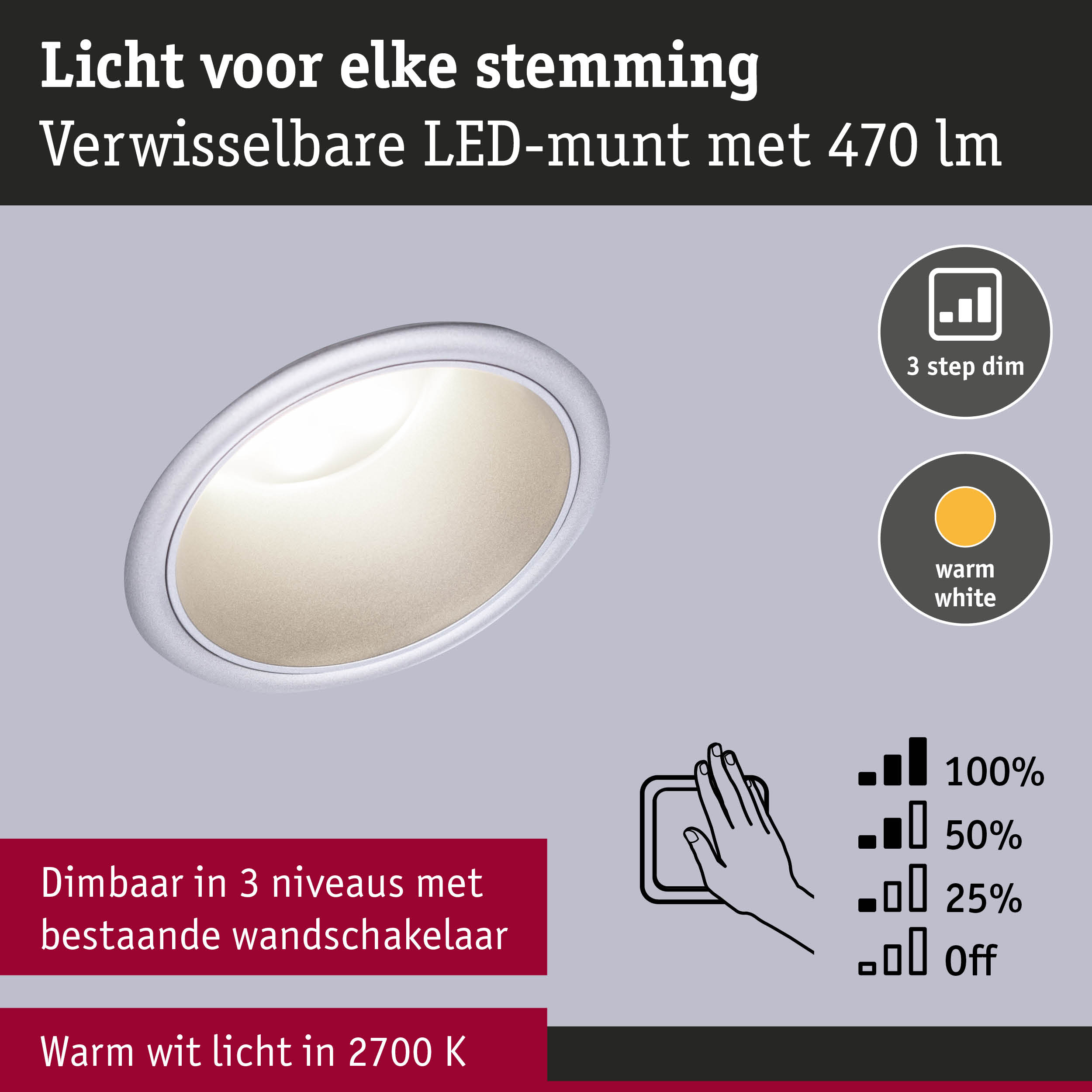Inbouw LED-spot met verwisselbare module, warm wit licht 2700K, 3-traps dimbaar