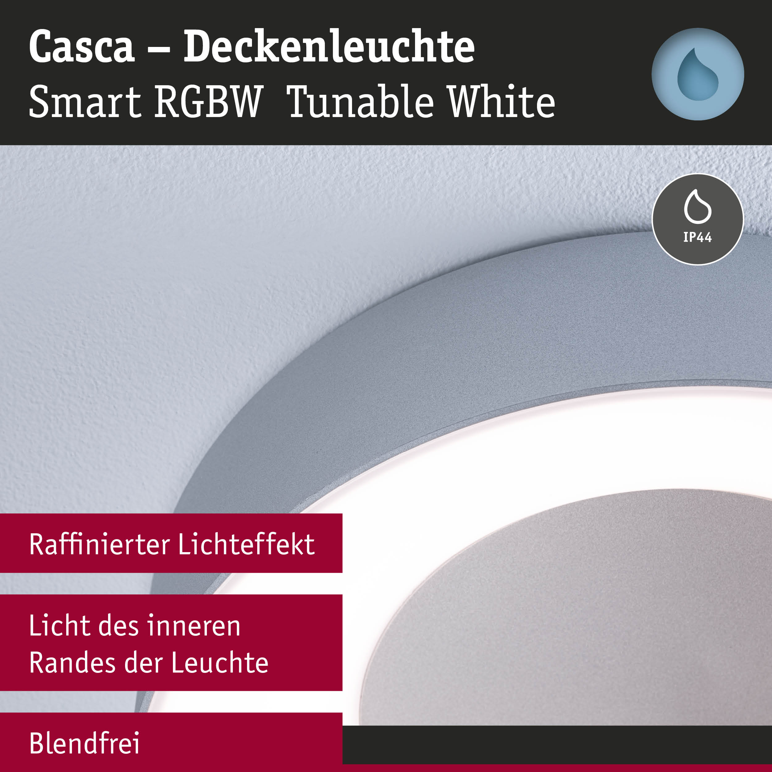 Casca Deckenleuchte in Grau mit Smart RGBW Tunable White LED und IP44 Schutz für Badezimmer