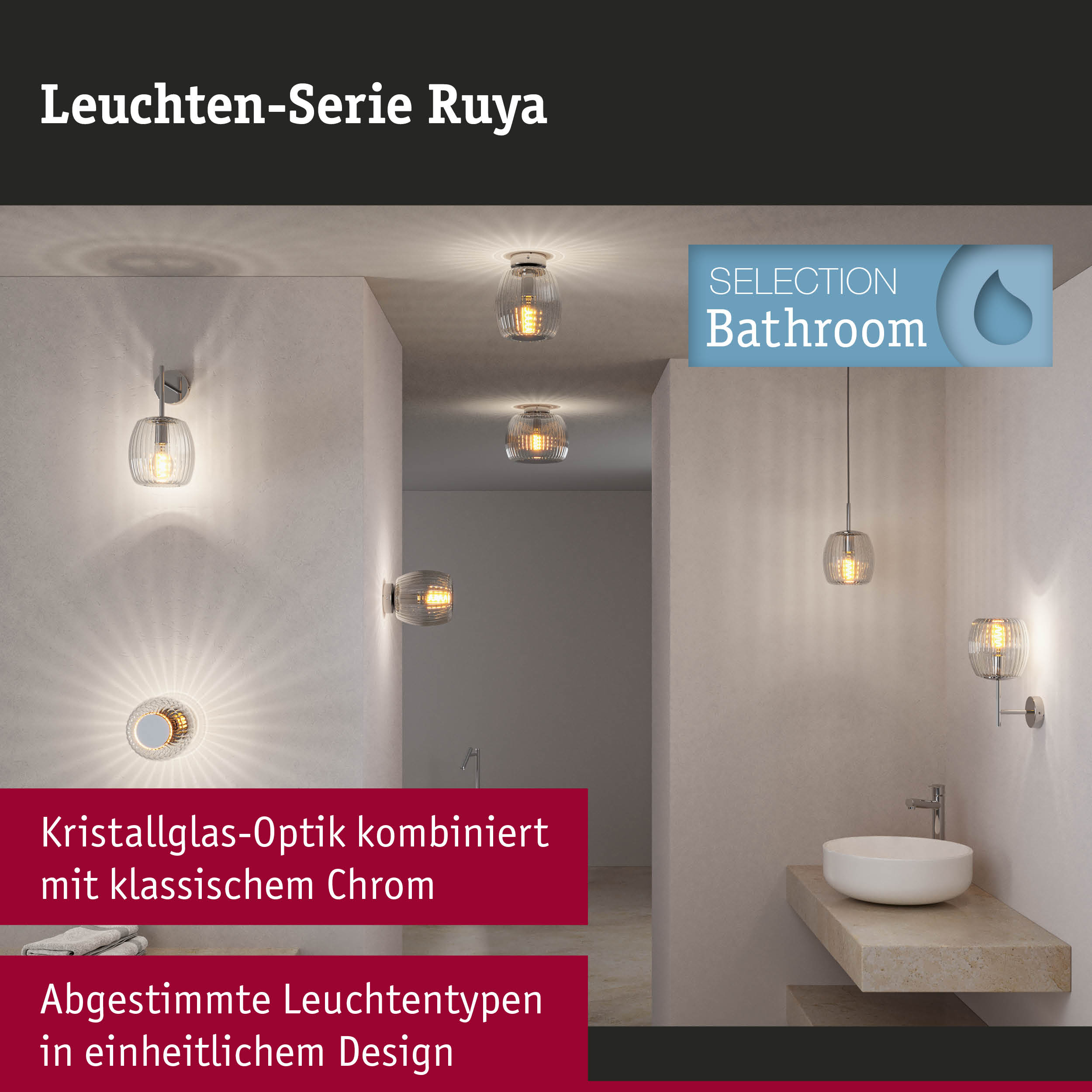 Ruya Leuchtenserie mit Kristallglas und Chrom in Badezimmer mit Waschbecken und Spiegel