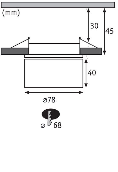 Technische Zeichnung mit Maßen eines Einbauleuchtensystems mit 78 mm Durchmesser und 45 mm Einbautiefe.