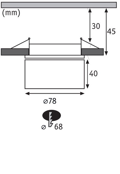 Technical drawing showing dimensions of recessed lighting system with 78 mm diameter and 45 mm depth.