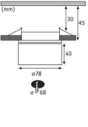 Schéma technique avec dimensions pour spot encastré rond Ø78 mm et profondeur d'installation 40 mm