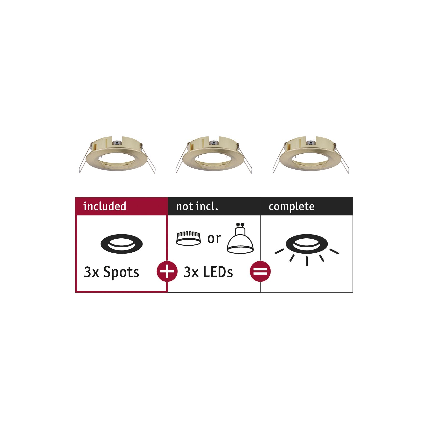 Drei goldfarbene Einbaustrahler-Rahmen aus Metall ohne LED-Leuchtmittel für flexible LED-Spots.