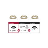 Drei goldfarbene Einbaustrahler-Rahmen aus Metall ohne LED-Leuchtmittel für flexible LED-Spots.