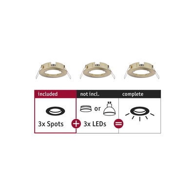 Drei goldfarbene Einbaustrahler-Rahmen aus Metall ohne LED-Leuchtmittel für flexible LED-Spots.