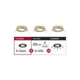 Three gold metal recessed spot frames without LEDs, compatible with various LED spotlights.