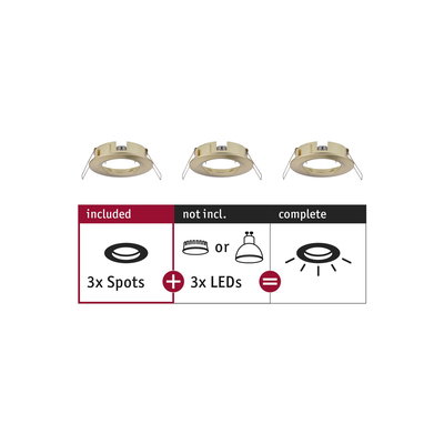 Three gold metal recessed spot frames without LEDs, compatible with various LED spotlights.