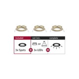 Three gold metal recessed spot frames without LEDs, compatible with various LED spotlights.