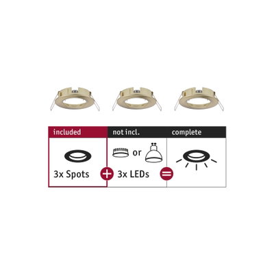 Three gold metal recessed spot frames without LEDs, compatible with various LED spotlights.