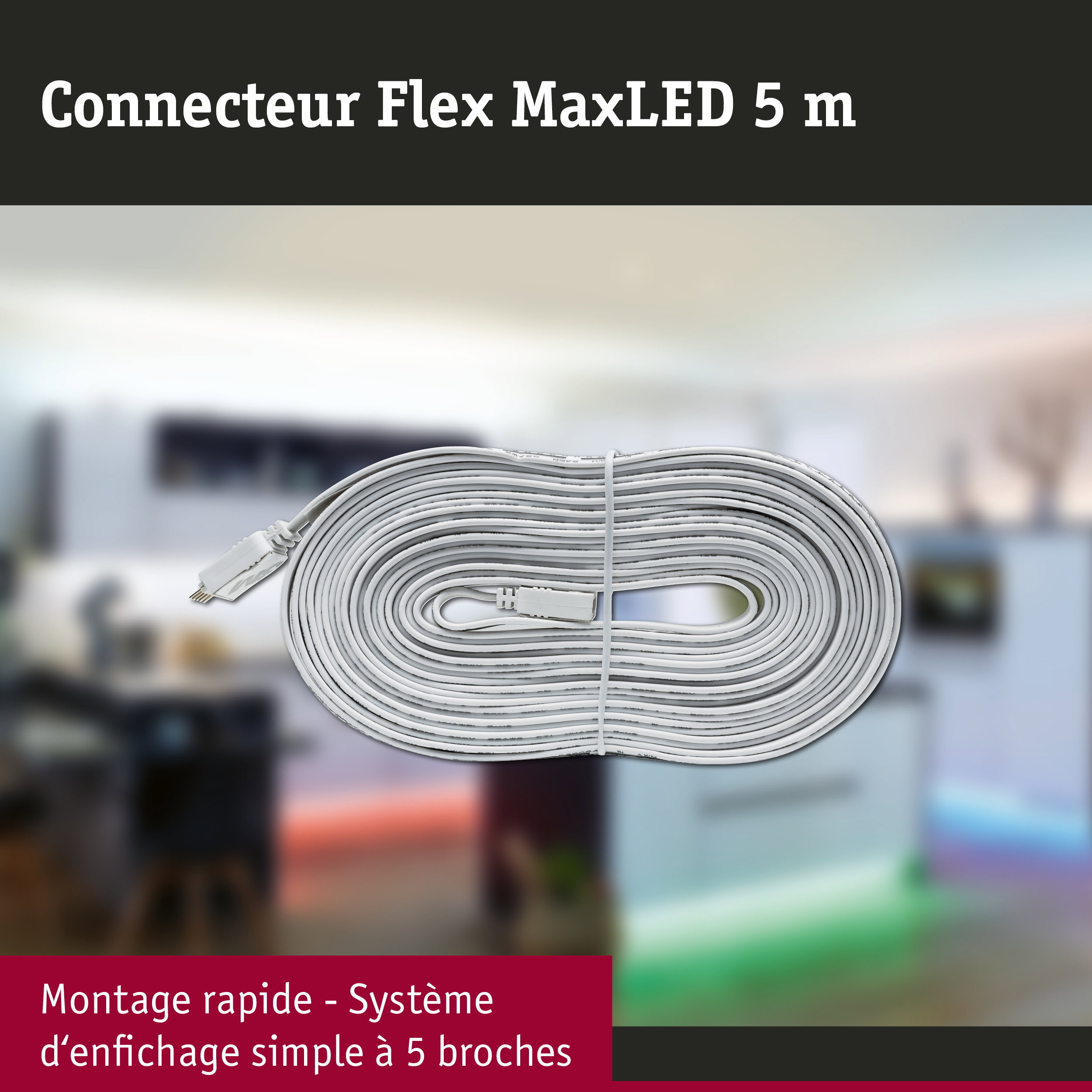 Câble connecteur Flex MaxLED blanc de 5 m avec prise 5 broches pour systèmes d'éclairage LED