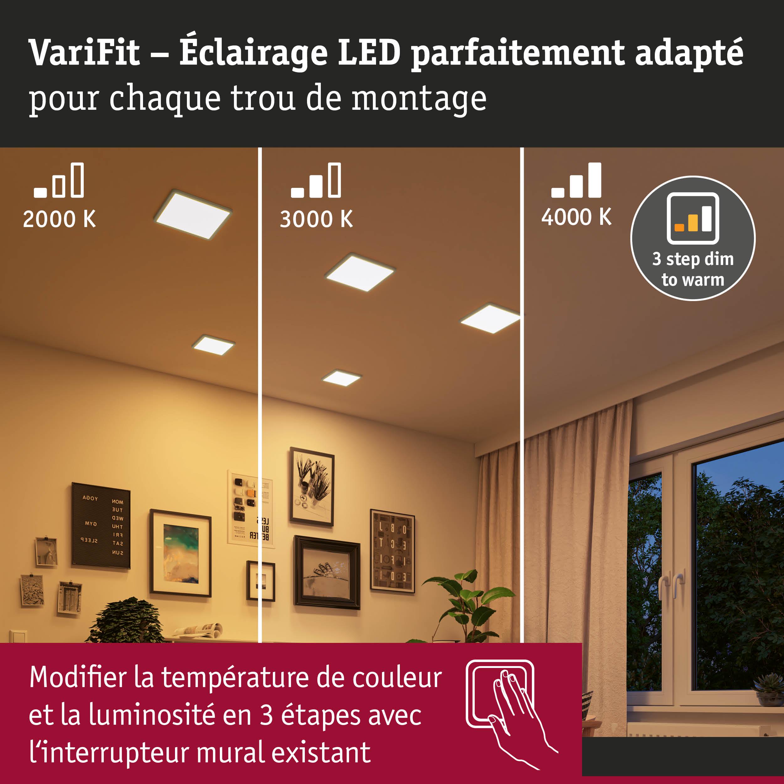 Éclairage LED avec température de couleur réglable de 2000K à 4000K et variation en 3 étapes dans un salon