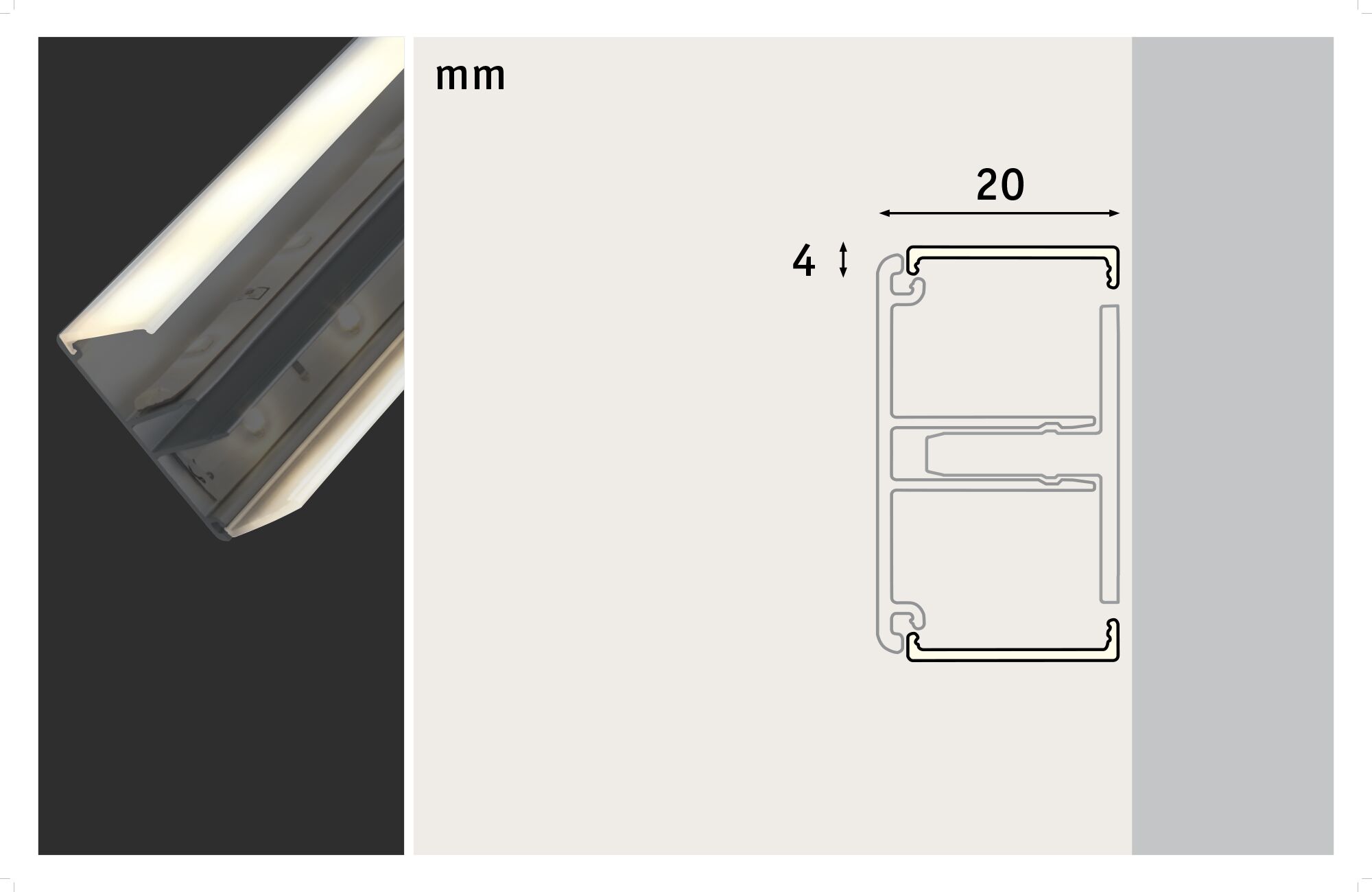 White aluminum LED profile with frosted diffuser, 20 mm wide, for LED strip lighting installation