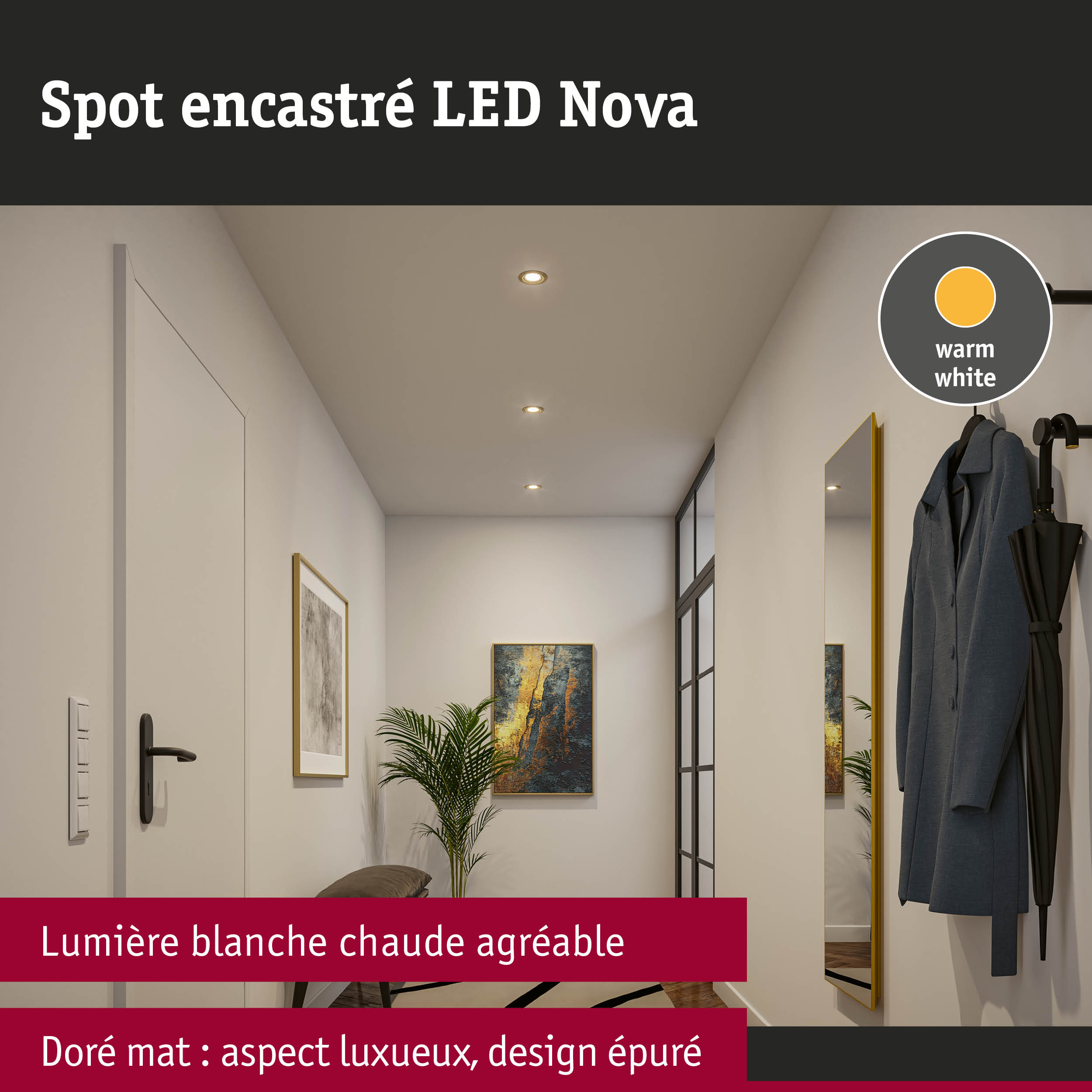 Spot encastré LED Nova doré mat avec lumière blanc chaud pour un éclairage élégant du couloir