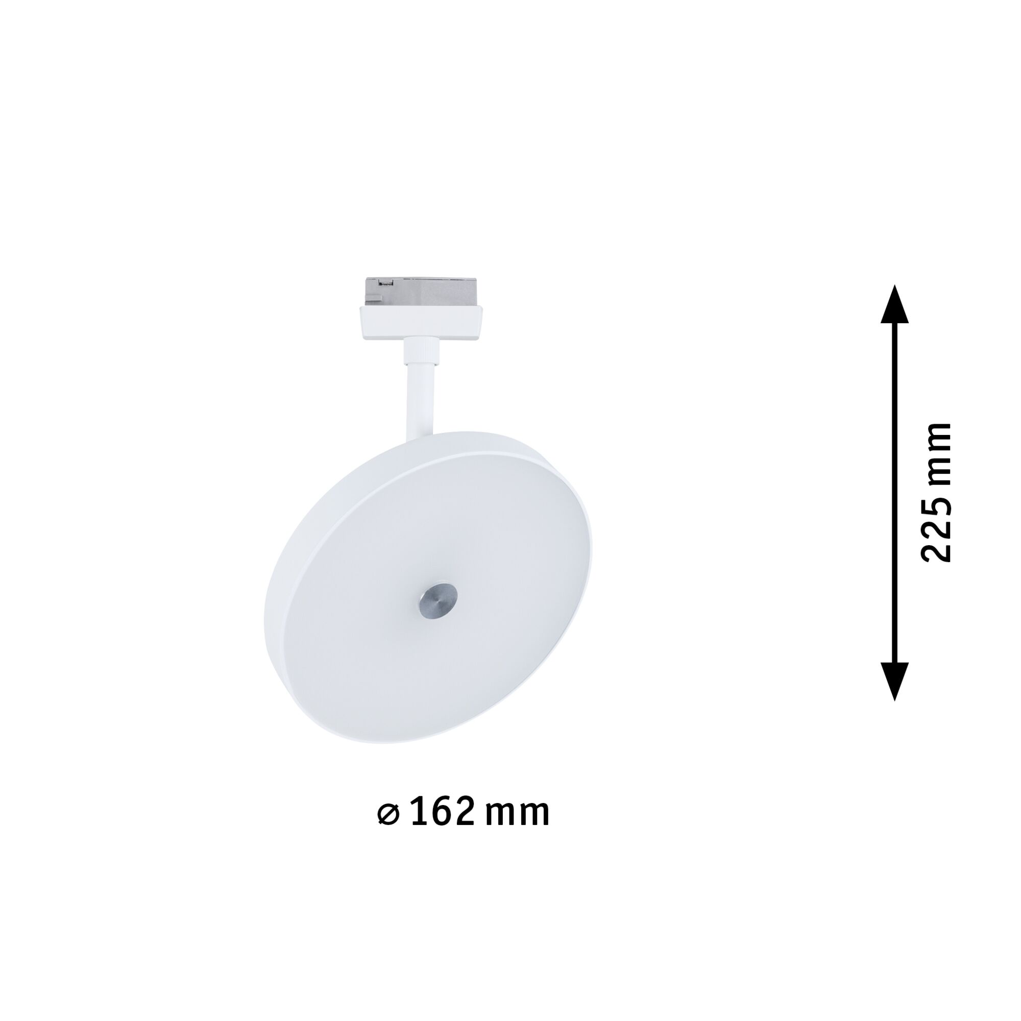 Round white LED spotlight with 162 mm diameter and 225 mm height for track lighting systems