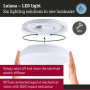 White Luiana LED ceiling light with satin plastic diffuser and IK03 impact resistance