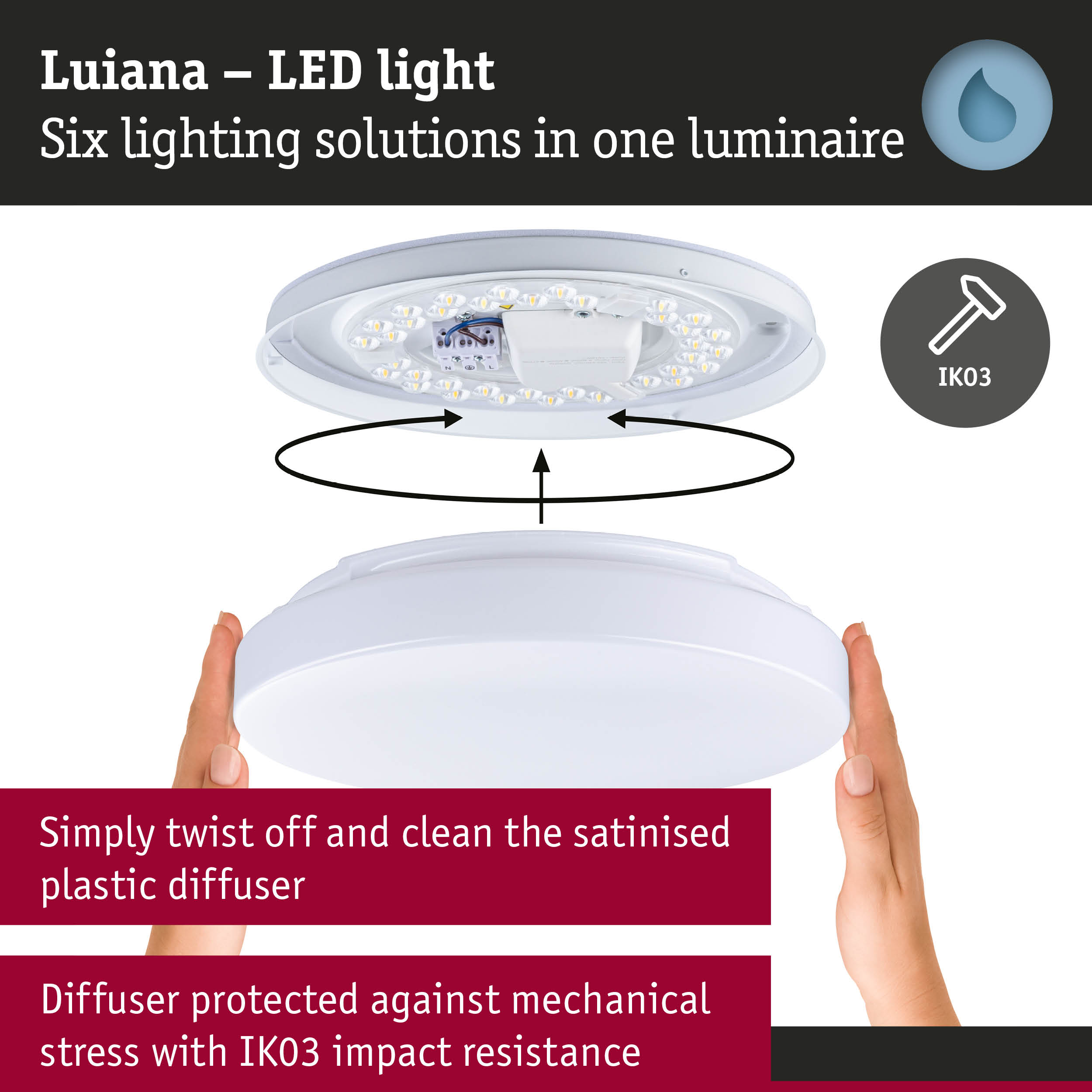 White Luiana LED ceiling light with satin plastic diffuser and IK03 impact resistance