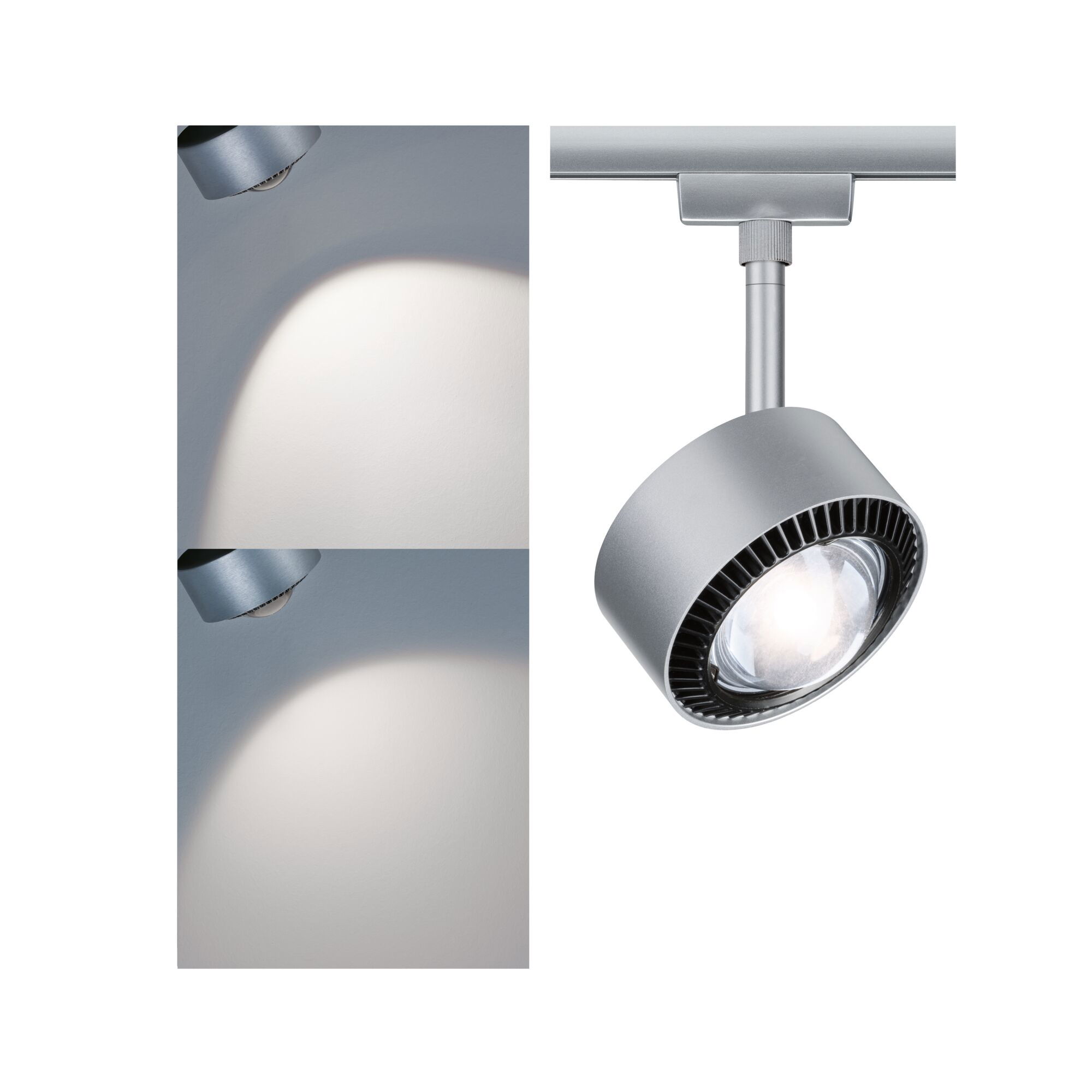 Moderne zilverkleurige metalen LED-spot voor railsysteem met warm wit licht en verstelbare kop